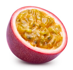 Passion fruit half isolated. Passionfruit half of maracuya isolated on white background. Passion Clipping path