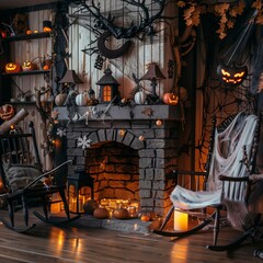 Cozy Christmas ambiance with fireplace in a rustic interior