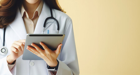 Eine Ärztin mit Stethoskop liest etwas auf einem Tablet