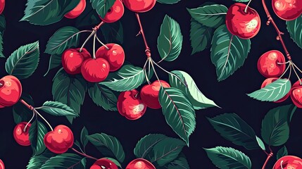 Seamless Pattern with Red Berries and Cherry Flowers on Black Background. Ripe Berries, Flowers, and Green Leaves Illustration for Printing on Fabric