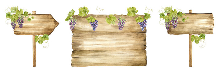 Set of Wooden signboards for grape plantations, vineyards. Wood boards with bunches of grapes,...