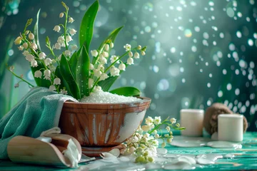 Deurstickers A composition of lilies of the valley and accessories for spa treatments © Evgeniya Fedorova