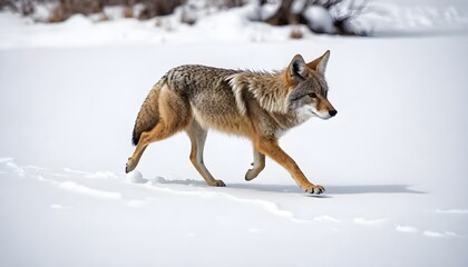 A lone coyote (Canis latrans) walking over the snow-covered landscape looking for food, making tracks in the snow; Yellowstone National Park, United States of America