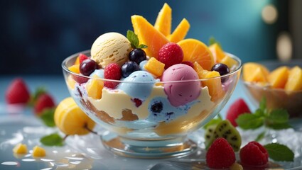 Glass dish of ice-cream with exotic fruits