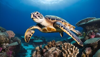Fototapeta premium A critically endangered hawksbill sea turtle (Eretmochelys imbricata) glides over a reef off the island of Yap; Pacific Ocean, Yap, Micronesia