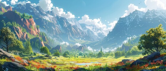 A beautiful painting of a mountain landscape with a river running through it. The mountains are covered in snow and the trees are lush and green. The sky is blue and the sun is shining.