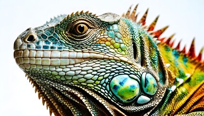 Fototapeta premium A close up portrait of a Green iguana (Iguana iguana) on a white background; Limon province, Costa Rica 4K
