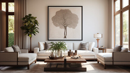 A well-lit modern living room with a statement poster frame on display.