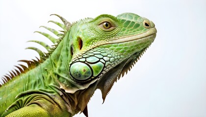 Fototapeta premium A close up portrait of a Green iguana (Iguana iguana) on a white background; Limon province, Costa Rica 4K