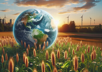 Konzept zum Tag der Erde, Weltkugel auf einer Wiese, Weltumwelttag