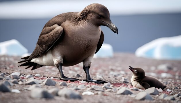 A Brown skua kills and eats an Adelie penguin chick in Antarctica
