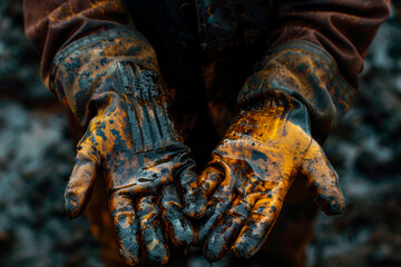 The worker's hands are stained with crude oil. Black Gold