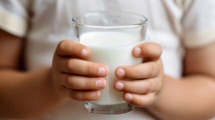 A child's hands holding a glass of milk, enjoying a calcium-rich drink for strong bones and teeth