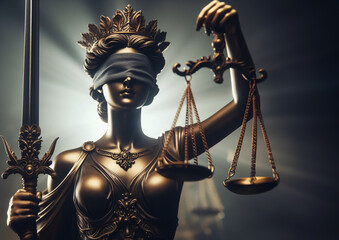 Justitia mit verbundenen Augen und Waage der Gerechtigkeit, heller Hintergrund, copy space
