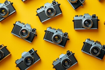 Collection of Vintage Cameras on Yellow Background with Copy Space for Text and Logo