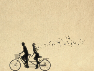 Loving couple on bike tandem. Death, afterlife. Flying bird silhouette