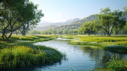 A beautiful landscape with a river flowing through a meadow. The river is surrounded by green grass and flowers, and there are trees and mountains in the background.