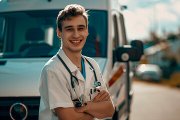 A medic smiles against the background of an ambulance