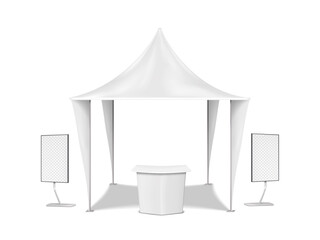Tradeshow set template. White gazebo canopy tent, video TV LCD display stands, exhibition table. Vector mock-up. Trade show booth mockup kit