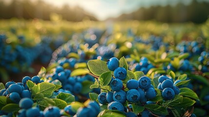 A blueberry plantation where people pick blueberries. Generative AI. - obrazy, fototapety, plakaty