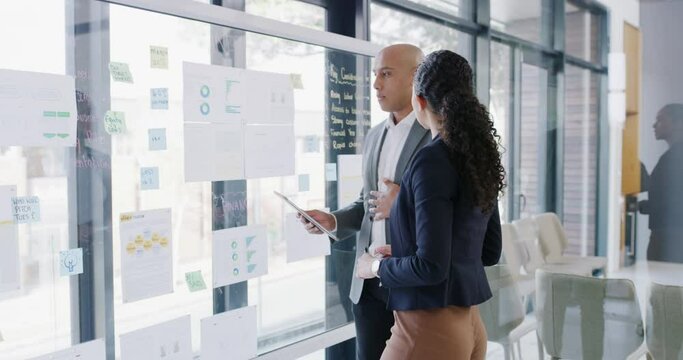 Business people, collaboration and tablet with glass board or office teamwork, data analytics and statistics. Professional group, meeting and analyst with digital solution, ideas or planning strategy - Powered by Adobe