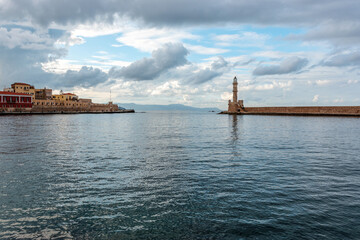 View of the old lighthouse in Chania, Crete, Greece.