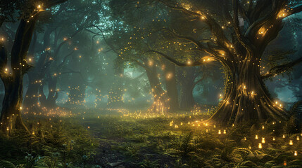 Mystical magical forest at night with glowing lights