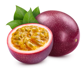 Passion fruit Isolated with leaf. Passion maracuya fruit on white background with clipping path. As design element