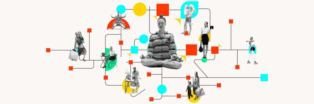 Woman sitting in meditating pose around images depicting her lifestyle, balancing between work matters, family and domestic duties. Contemporary art collage. Concept of business, work and life balance