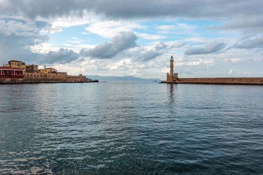 View of the old lighthouse in Chania, Crete, Greece.