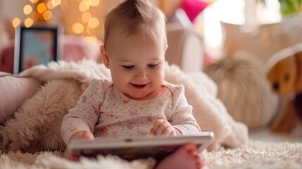Fototapeta premium Baby Sitting on Floor Playing With Book