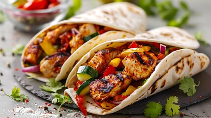 Stack of mexican street food fajita tortilla wraps with grilled buffalo chicken fillet and fresh vegetables light grey background
