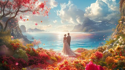 A beautiful digital painting of a wedding couple standing on a cliff overlooking the ocean. The bride is wearing a white dress and the groom is wearing a black tuxedo. The sky is blue and the sun is s - obrazy, fototapety, plakaty