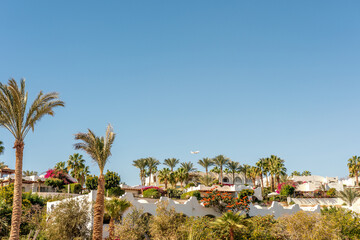 Fototapeta premium Hotel with white buildings and a recreation area in Egypt.