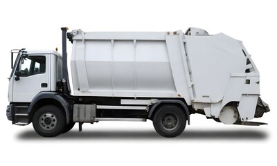 A large white garbage truck with a compactor mechanism on the back, parked on a street - obrazy, fototapety, plakaty