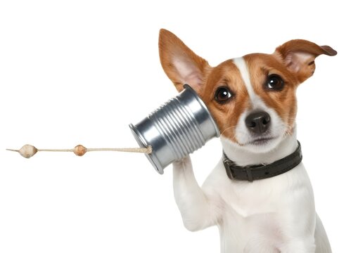 A young black and white Jack Russell Terrier dog holding a tin can up to its ear, as if using it as a telephone