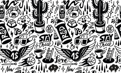 Doodle seamless repeated pattern. Cactus, sunglasses, mobile phone, ball, yo, pill, dog. Print vector background. - 791602782