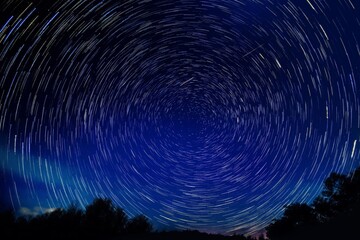 Long exposure photo capturing the mesmerizing trails of shooting stars circling the celestial pole