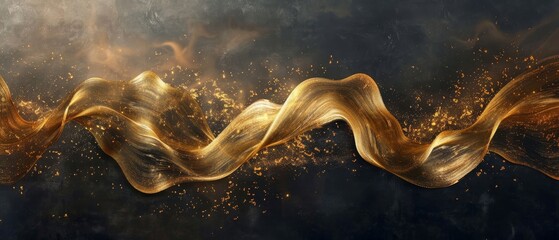 3d rendering of a gold ribbon flowing in the air with particles
