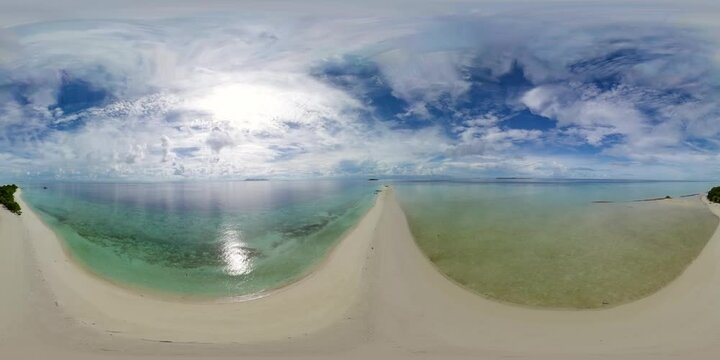 Island with a sandy beach and azure water. Malaysia. Timba Timba Island. VR 360.