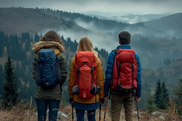 Fotobehang Happy family friends hiking journey mountains backpack friend group nature love joy trek hike trekking sports adult children freedom vacation relaxation relaxed holiday experience walking exploring © Yuliia