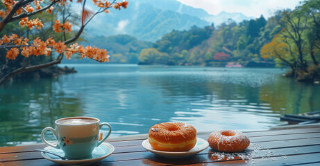 An outdoor table overlooking the green beautiful lake in japan, with coffee and donut cake on it. Generative AI.