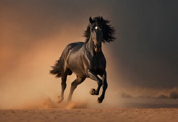 A black stallion galloping through a dusty, hazy environment with an orange sky in the background - obrazy, fototapety, plakaty