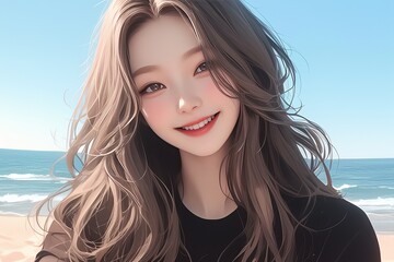 beautiful korean girl selfie, black t-shirt and long hair at the beach