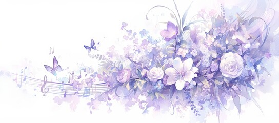 Beautiful watercolor background with musical notes, flowers and butterfly on white background. Soft pastel colors, soft blurred edges. 