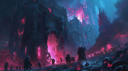 Necromancer raises undead army. Illustration fantasy background