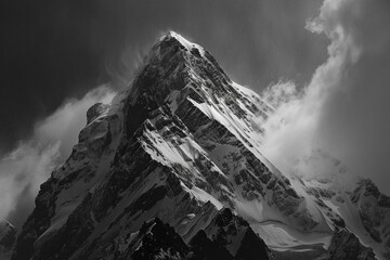 A black and white image of a mountain peak, highlighting its raw and rugged nature.