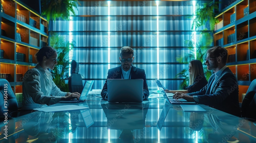 Poster lawyers in a modern law firm using laptops, computers, phones and artificial intelligence for everyt