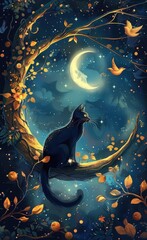 Black cat silhouette sitting on a tree branch and looking at the Moon