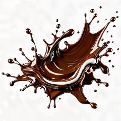 A splash of chocolate syrup, with droplets flying outward from the center, creating a dynamic and visually appealing scene.